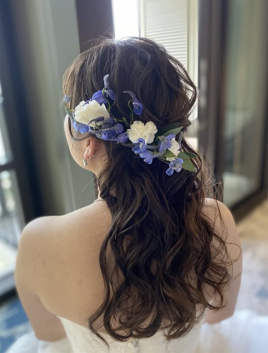 Half-up waves with blue and white florals